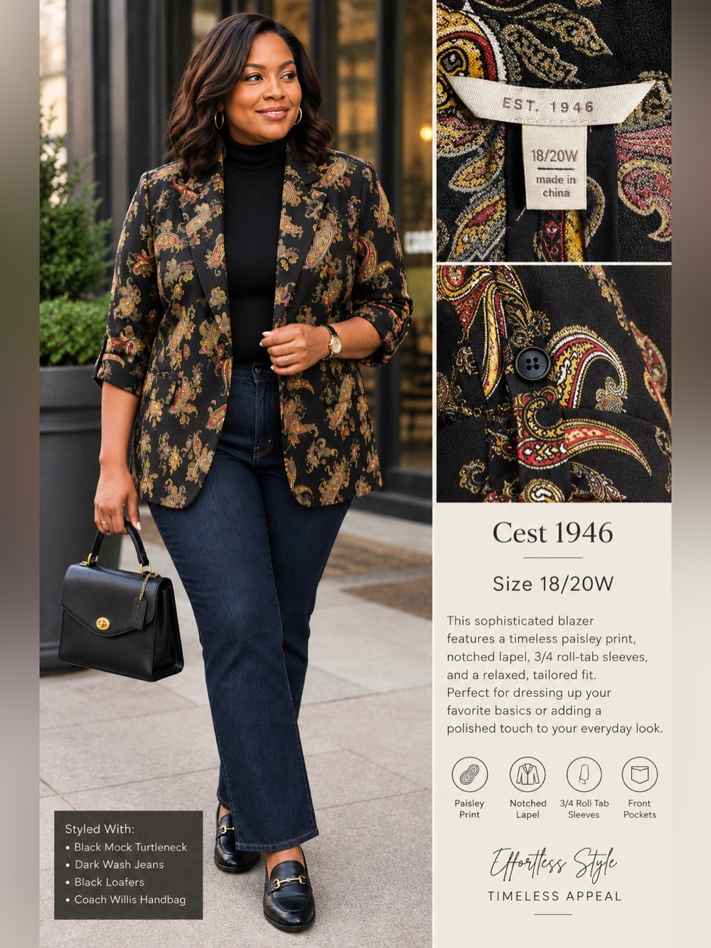 C'est 1946 Paisley Blazer in Black & Multicolor Size 18/20W NWT